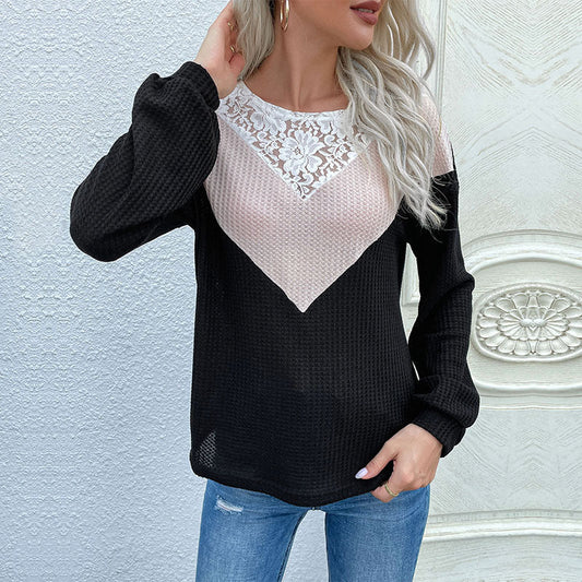 Early Autumn Casual Women's Long-Sleeved Color Lace Crew-Neck Sweater