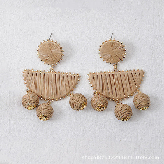 5 pairs Fan-Shaped Hand-Woven Raffia Grass Round Fringe Exaggerated Female Earrings