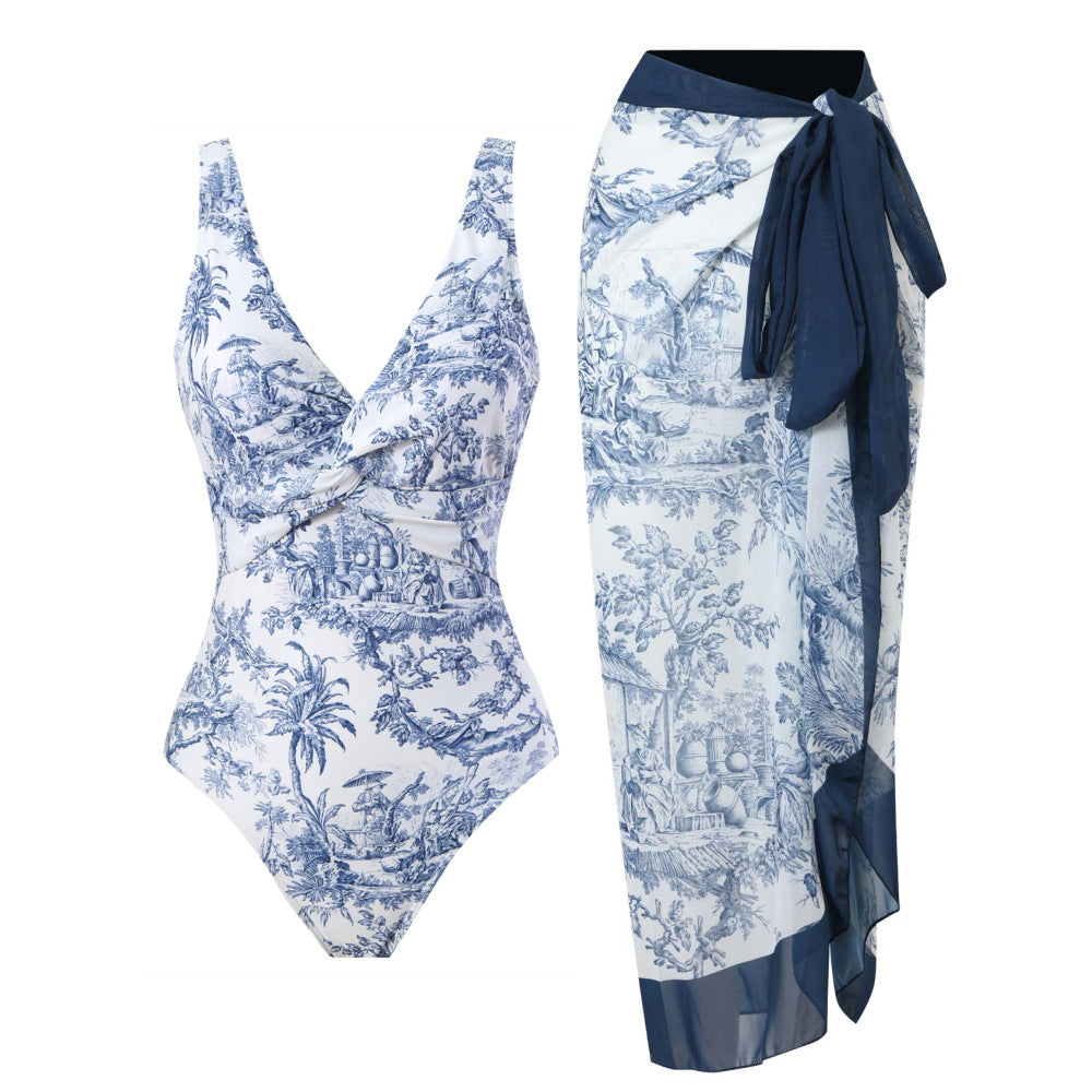 New One-Piece Swimwear For Women Conservative Slimming Retro Printed Swimwear