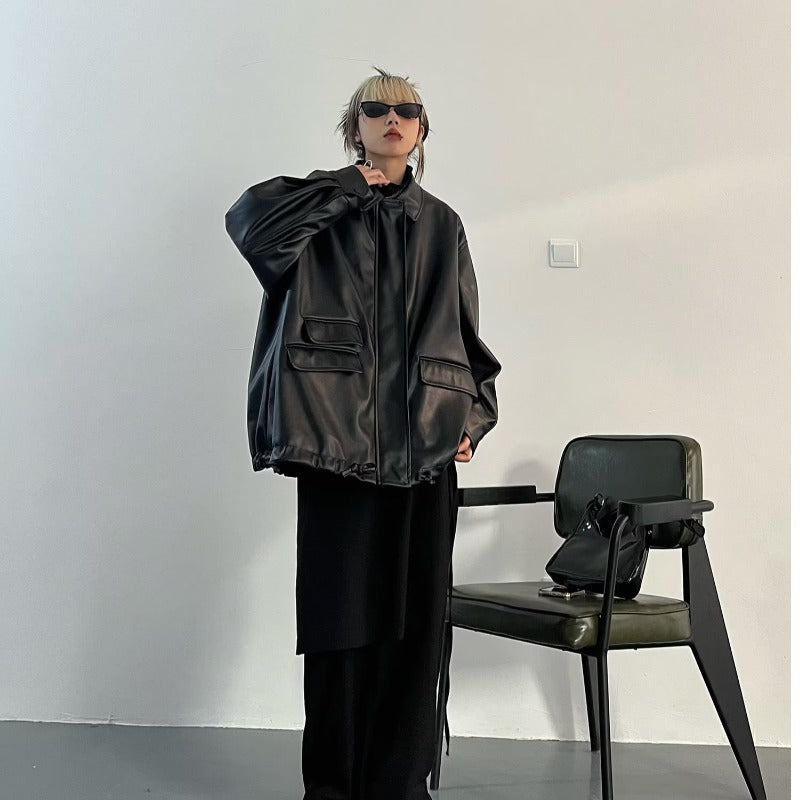 Elegant  Black PU Leather Coat for Women