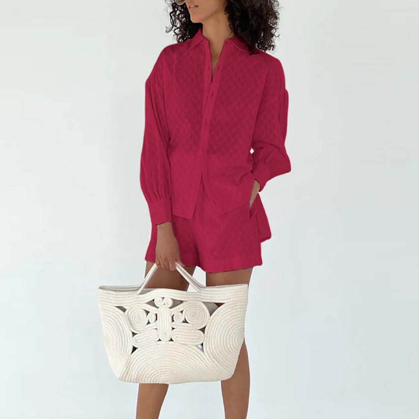 Summer Women's Shirt Jacquard Bubble Sleeve Temperament Top Shorts Commuter Design Sense Of Leisure Suit