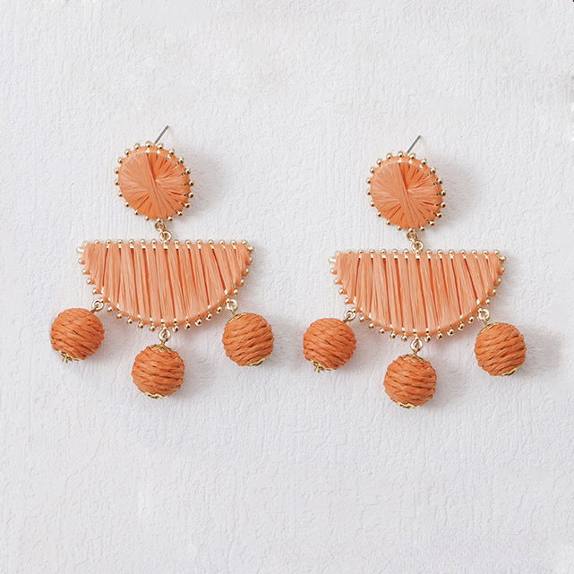 5 pairs Fan-Shaped Hand-Woven Raffia Grass Round Fringe Exaggerated Female Earrings