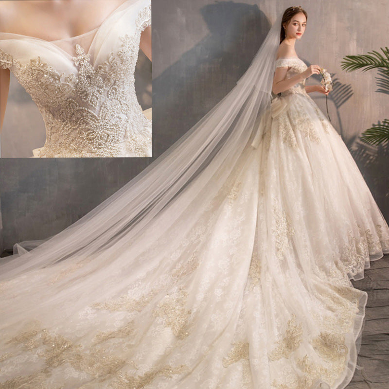 New One-shoulder Princess Dream Court Bride Plus Size Luxury Super Fairy Star Long Train Wedding Dress