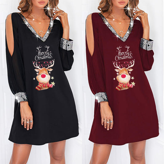 Women's Christmas Print Sequin Splicing Deep V-Neck Cold Shoulder Sleeve Side Pocket Casual Dress