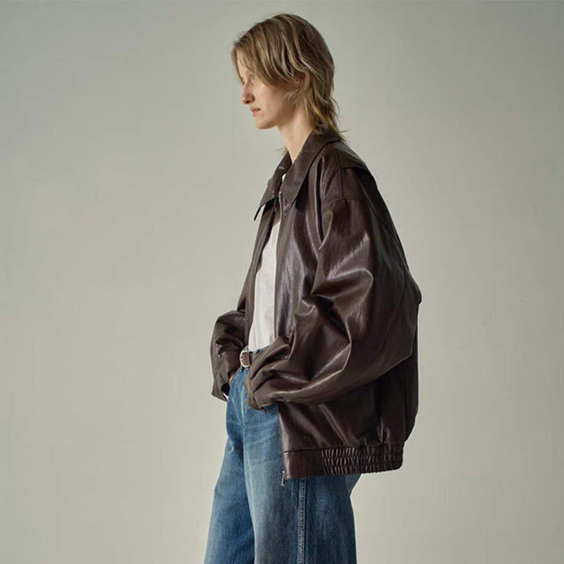 Women's New Leather  Autumn And Winter Minimalist Broad Shoulder Advanced Sense Motorcycle Wind Slimming Jacket