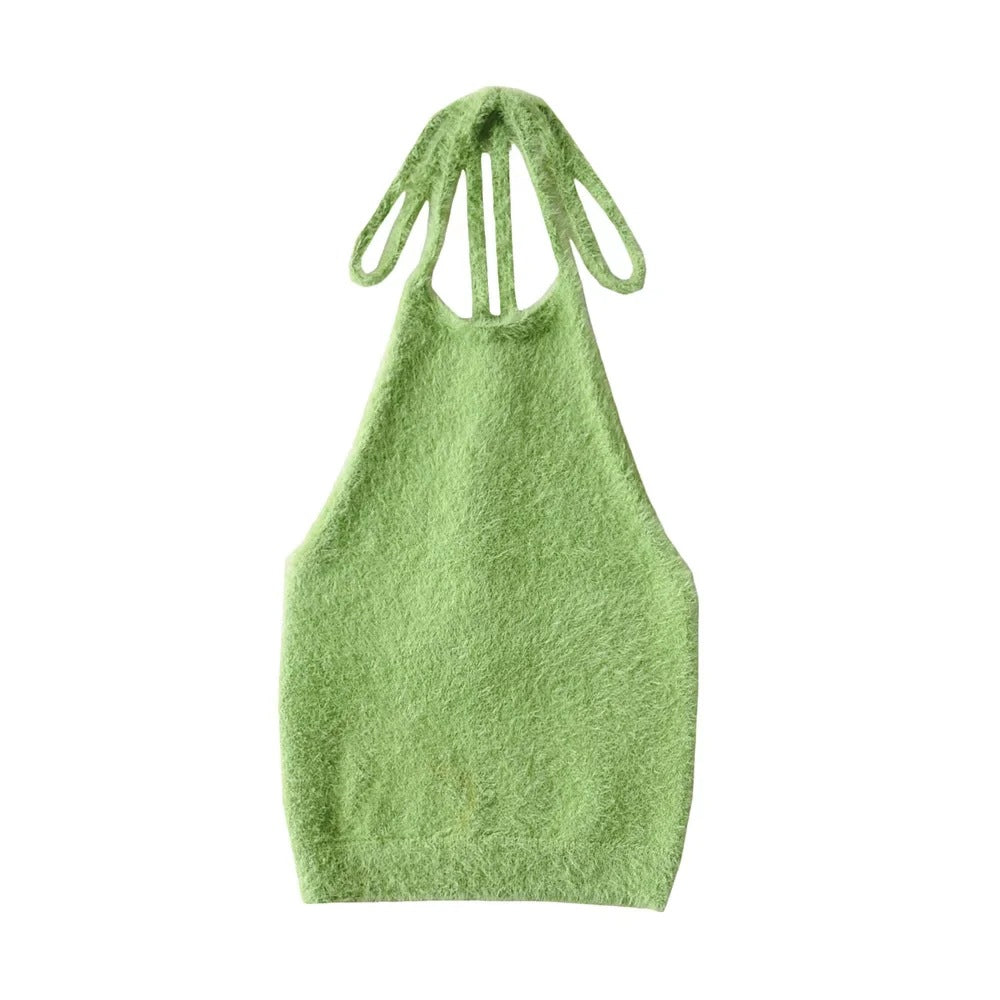 New Hottie Sexy Slim-Fit Halter With Strappy Fleece Tank Top With Halter Knit Halter Back