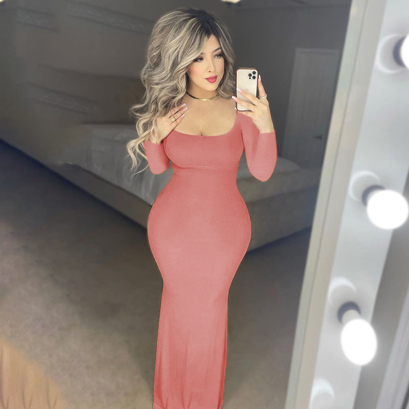 Casual Long-Sleeved High-Waisted Slim-Fit Halter Dress
