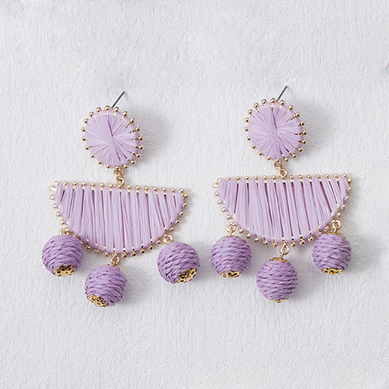 5 pairs Fan-Shaped Hand-Woven Raffia Grass Round Fringe Exaggerated Female Earrings