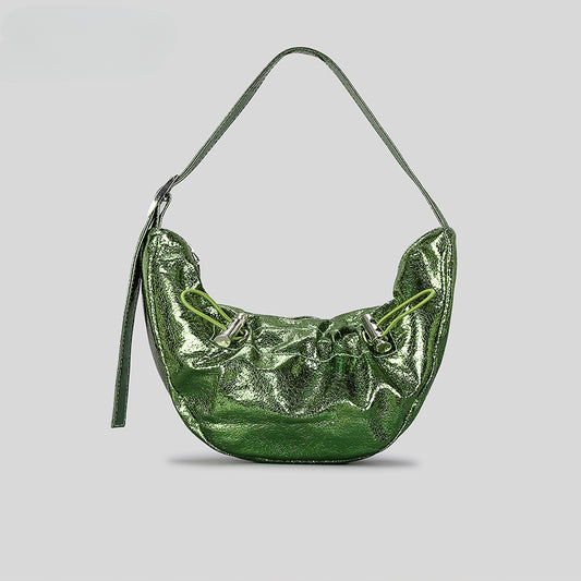 Pvc Drawing Crescent Bag High-Grade Pleated Dumpling Bag Fashion Trend Lacquered Underarm Bag