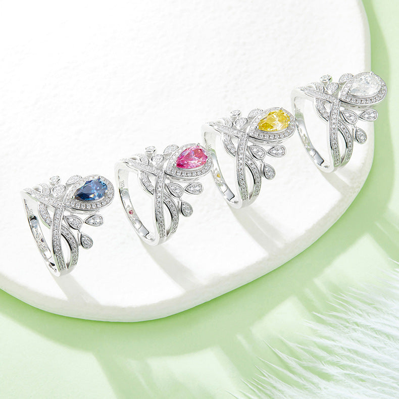 Luxury Crown Drop Ring S925 Silver Set Colored Moissanite Ring With Gra Certificate New Ring