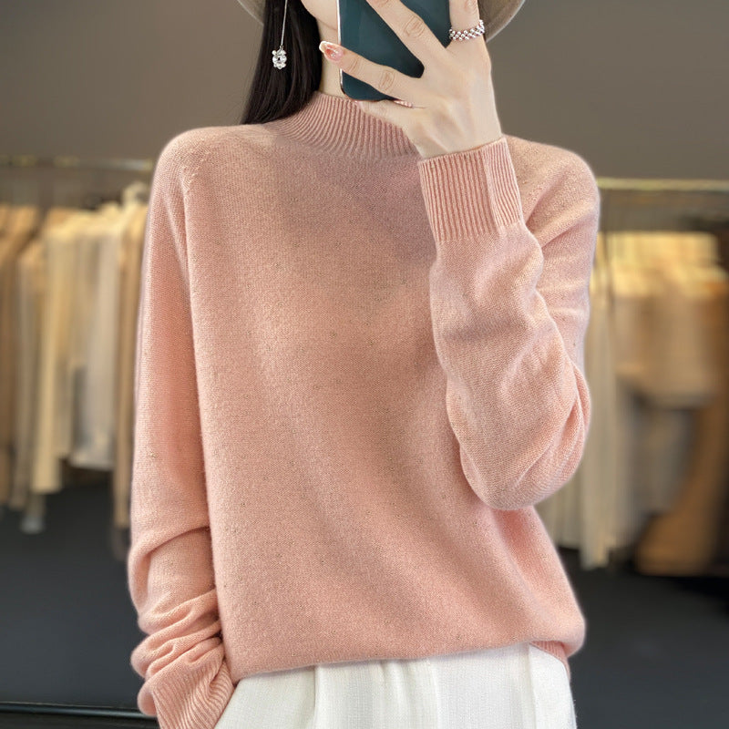 Half Turtleneck 100 Pure Woolen Sweater Ladies Loose Jacquard Base With Long Sleeve Winter Cashmere Sweater Heavy Thickening