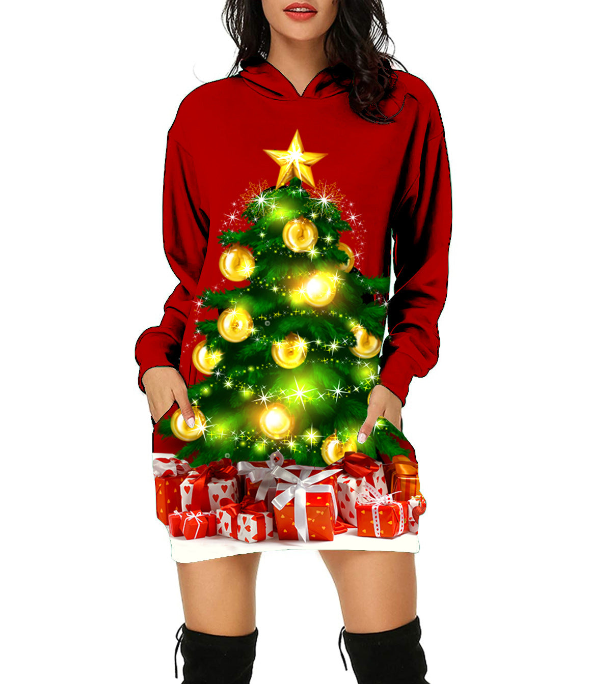 Autumn And Winter Women's Christmas Digital Printed Pullover Medium Long Hoodie Urban Casual Hoodie Dress