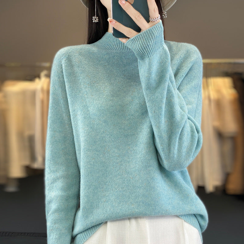 Half Turtleneck 100 Pure Woolen Sweater Ladies Loose Jacquard Base With Long Sleeve Winter Cashmere Sweater Heavy Thickening