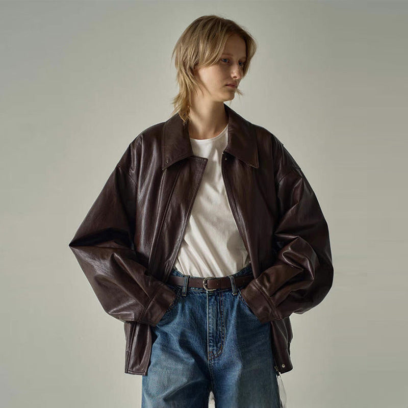 Women's New Leather  Autumn And Winter Minimalist Broad Shoulder Advanced Sense Motorcycle Wind Slimming Jacket