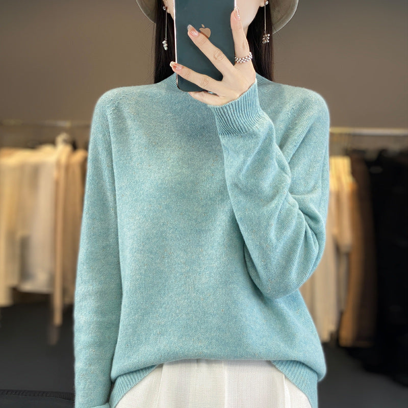 Half Turtleneck 100 Pure Woolen Sweater Ladies Loose Jacquard Base With Long Sleeve Winter Cashmere Sweater Heavy Thickening