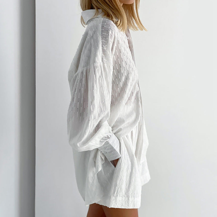 Summer Women's Shirt Jacquard Bubble Sleeve Temperament Top Shorts Commuter Design Sense Of Leisure Suit
