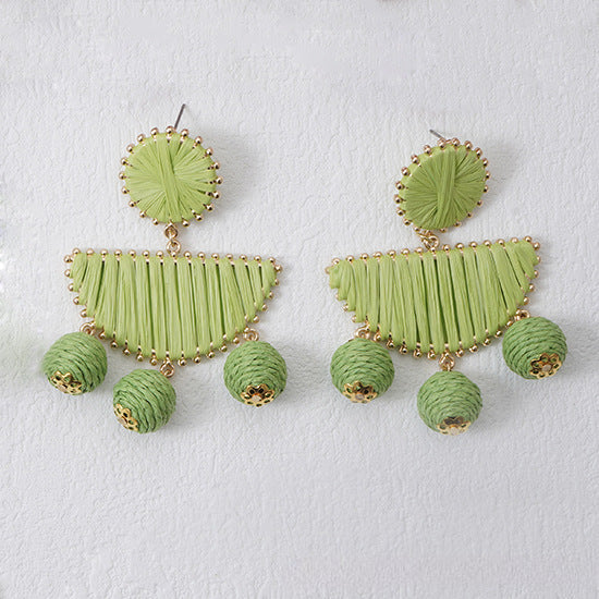 5 pairs Fan-Shaped Hand-Woven Raffia Grass Round Fringe Exaggerated Female Earrings