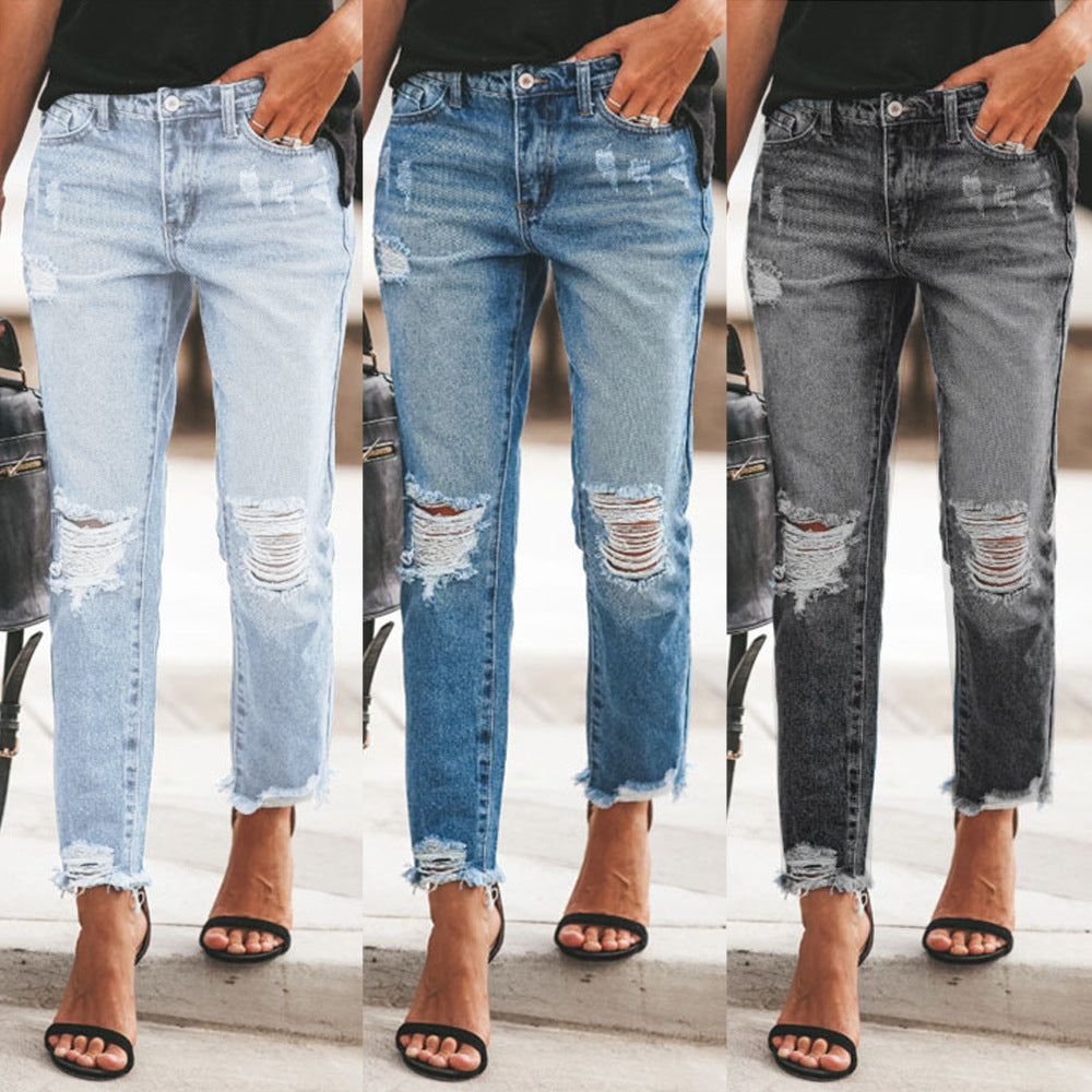 Summer denim chic ripped pants women's slacks