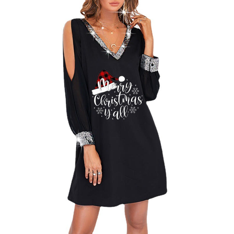 New Women's Christmas Print Sequin Splicing Deep V-Neck Cold Shoulder Sleeve Side Pocket Casual Dress