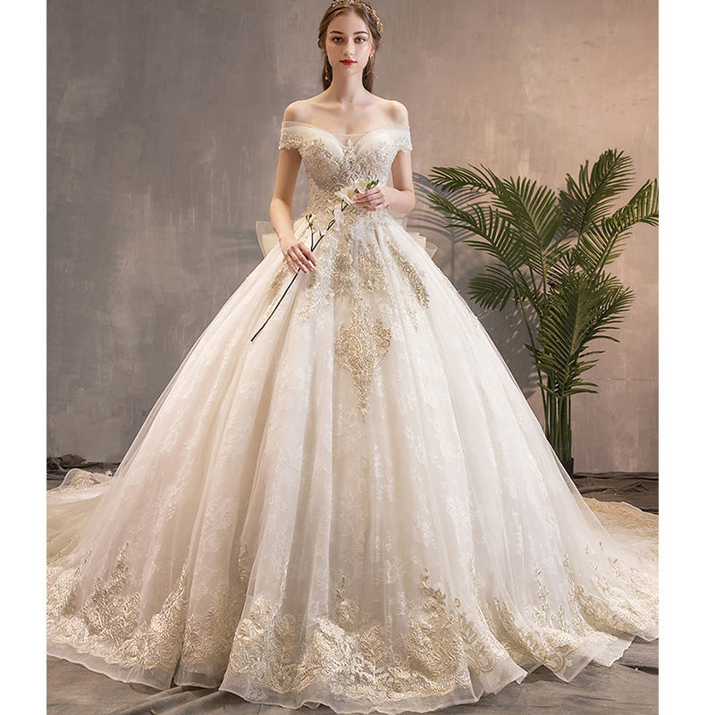New One-shoulder Princess Dream Court Bride Plus Size Luxury Super Fairy Star Long Train Wedding Dress