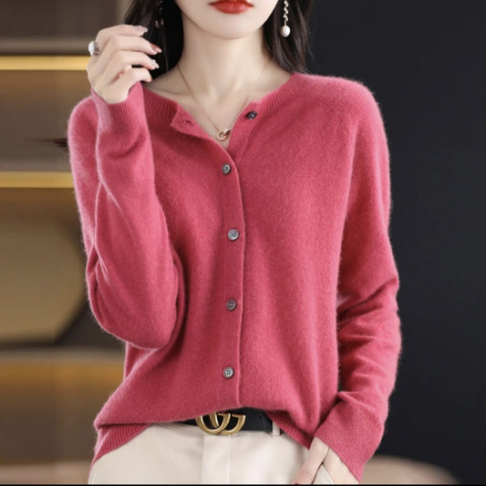 Round Neck Cashmere Cardigan Women's Knit Coat Spring And Autumn Loose Short Wool Sweater Women's 100 Pure Wool Sweater Outside