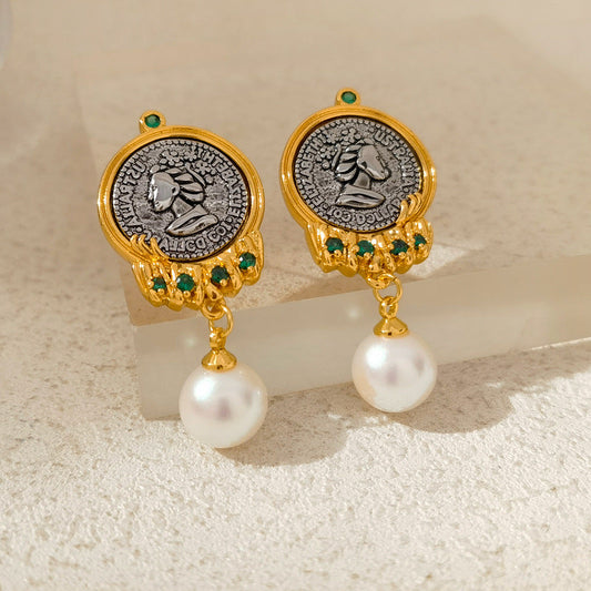 S925 Silver Needle Retro Court Style Earrings Personality Niche Design Head Pearl Earrings
