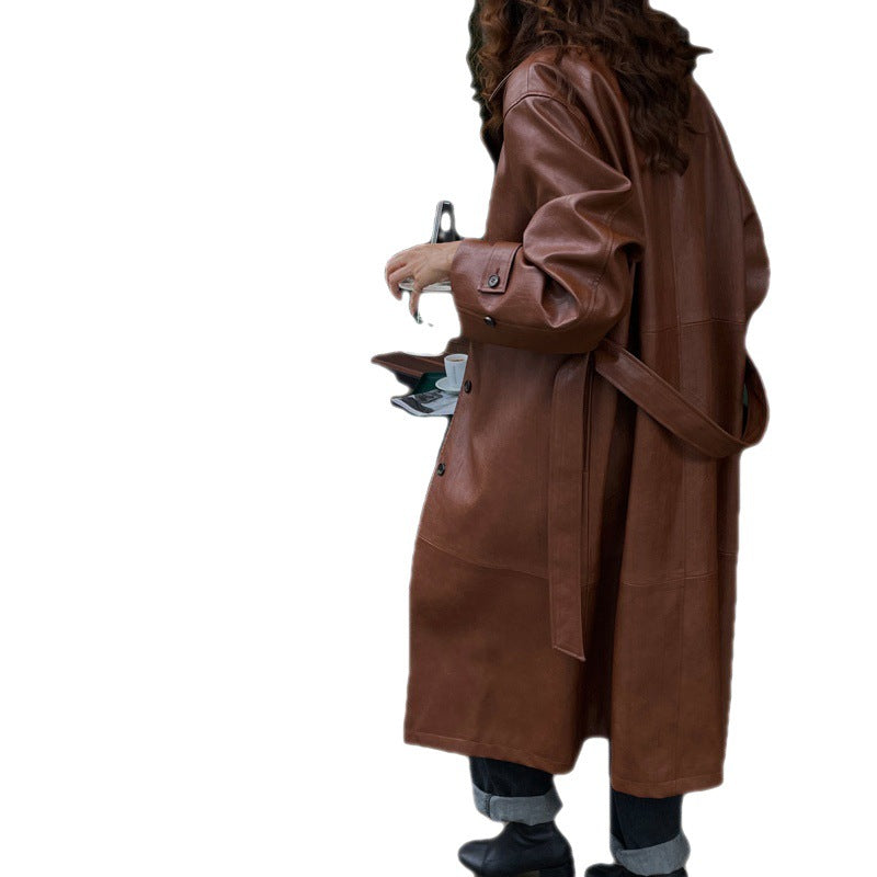 Long Leather Women Autumn-Winter Retro Handsome Lapel Loose Strap Texture Pu Leather Trench Coat