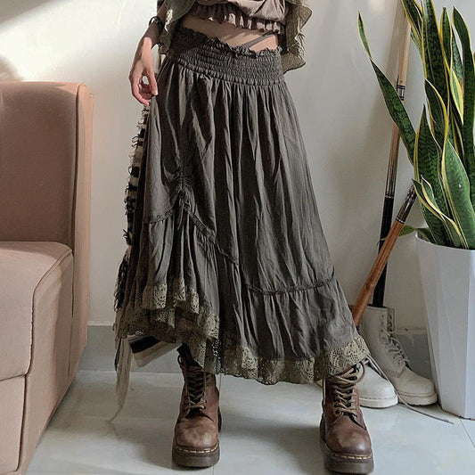 Lace Pleated Half Skirt Women's Long High Waist Side Pull Pleated Design Sag Irregular A-Line Skirt