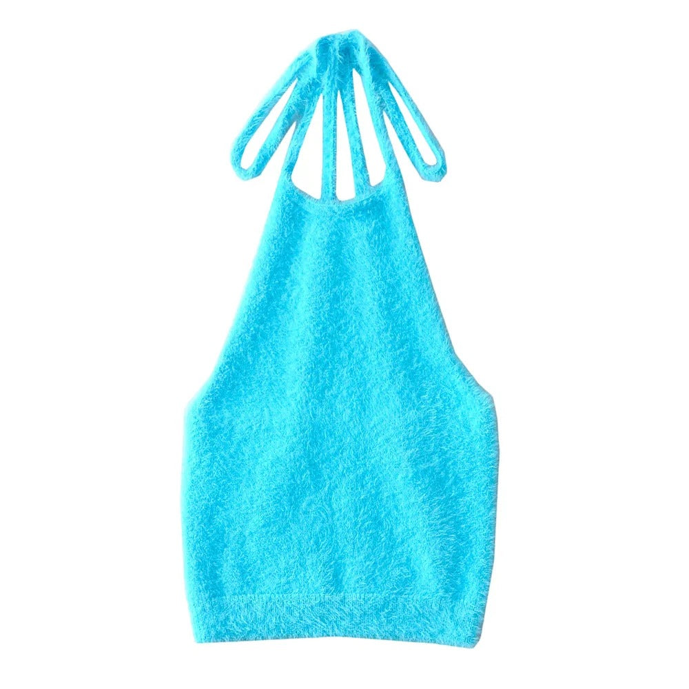 New Hottie Sexy Slim-Fit Halter With Strappy Fleece Tank Top With Halter Knit Halter Back
