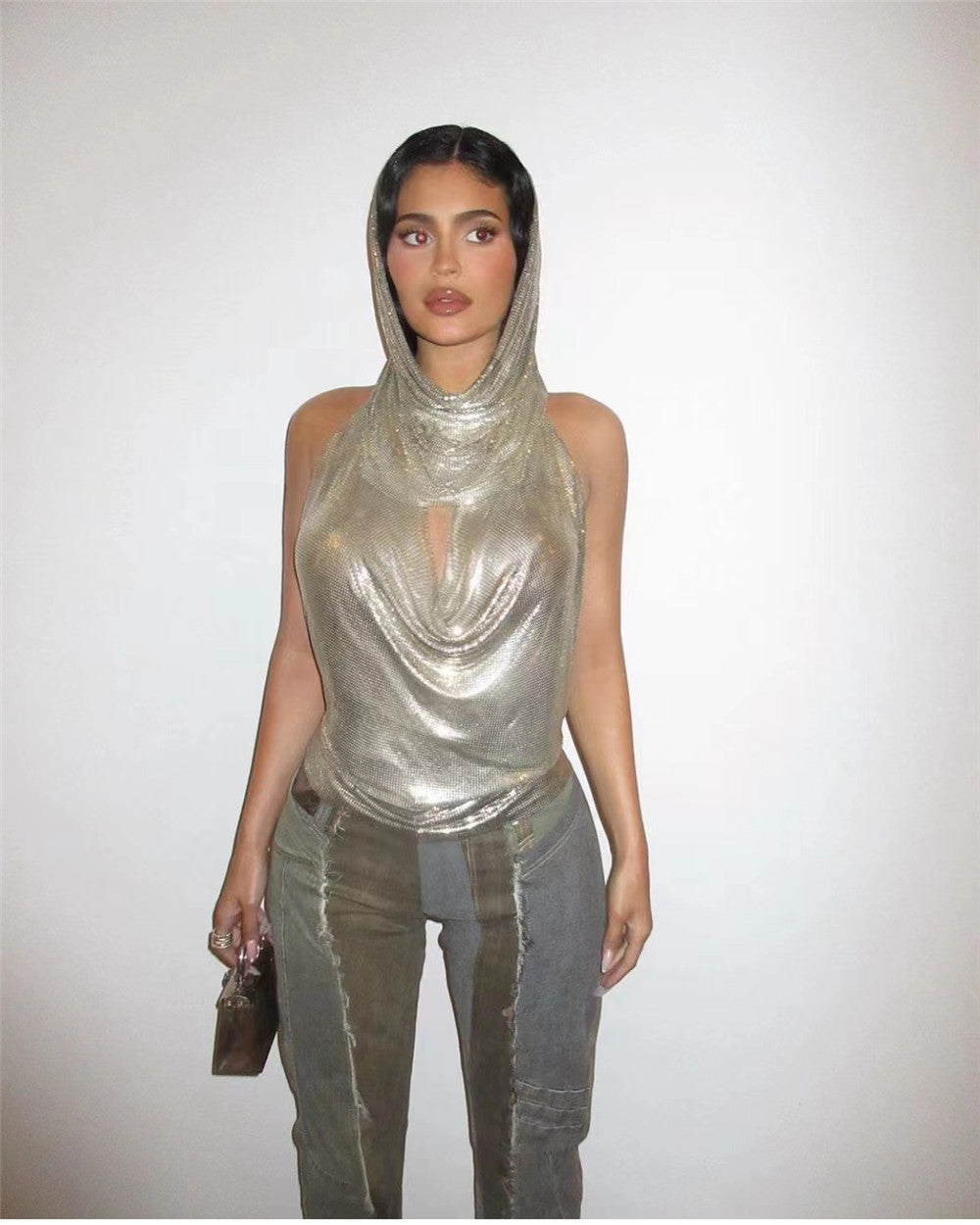 Stunning Glitter Bungee Top: Sexy Nightclub Halter Vest with Head Cover for a Dazzling and Unique Look!