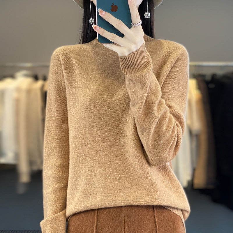 Half Turtleneck 100 Pure Woolen Sweater Ladies Loose Jacquard Base With Long Sleeve Winter Cashmere Sweater Heavy Thickening