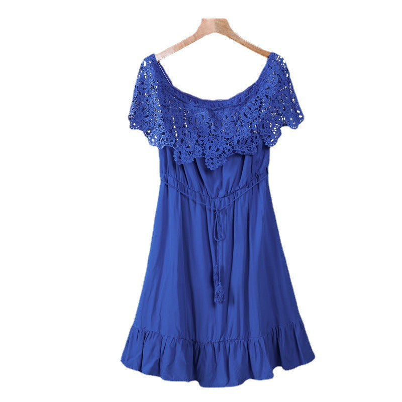 Summer New Lace Short Sleeve Large Size Dress Solid Color Line Collar Dress