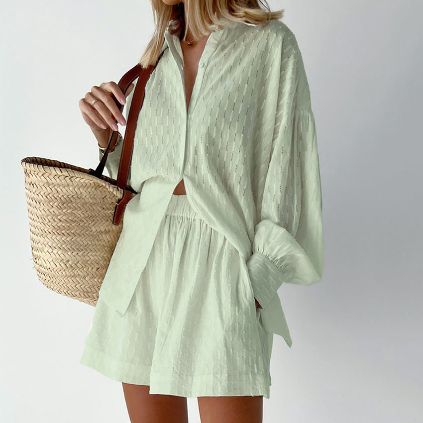 Summer Women's Shirt Jacquard Bubble Sleeve Temperament Top Shorts Commuter Design Sense Of Leisure Suit