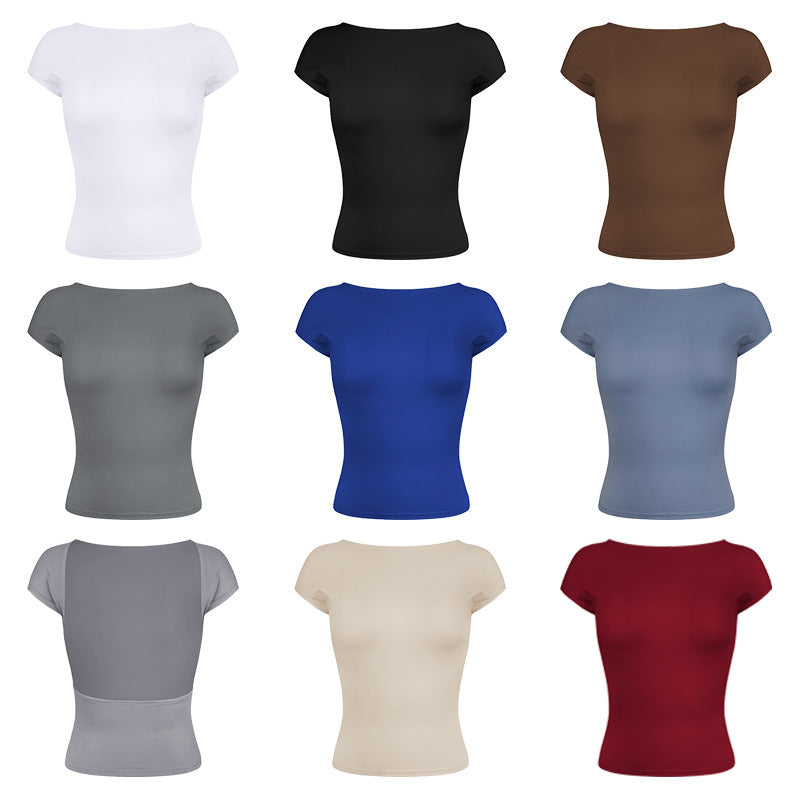 Fashion Y2K Summer Sexy Backless Nylon Moisture Absorption And Sweat Drainage Comfortable Breathable Short Sleeve Slim Top T-Shirt
