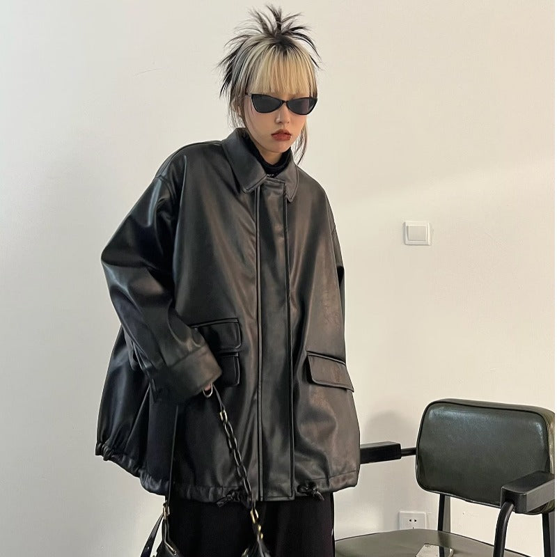 Elegant  Black PU Leather Coat for Women