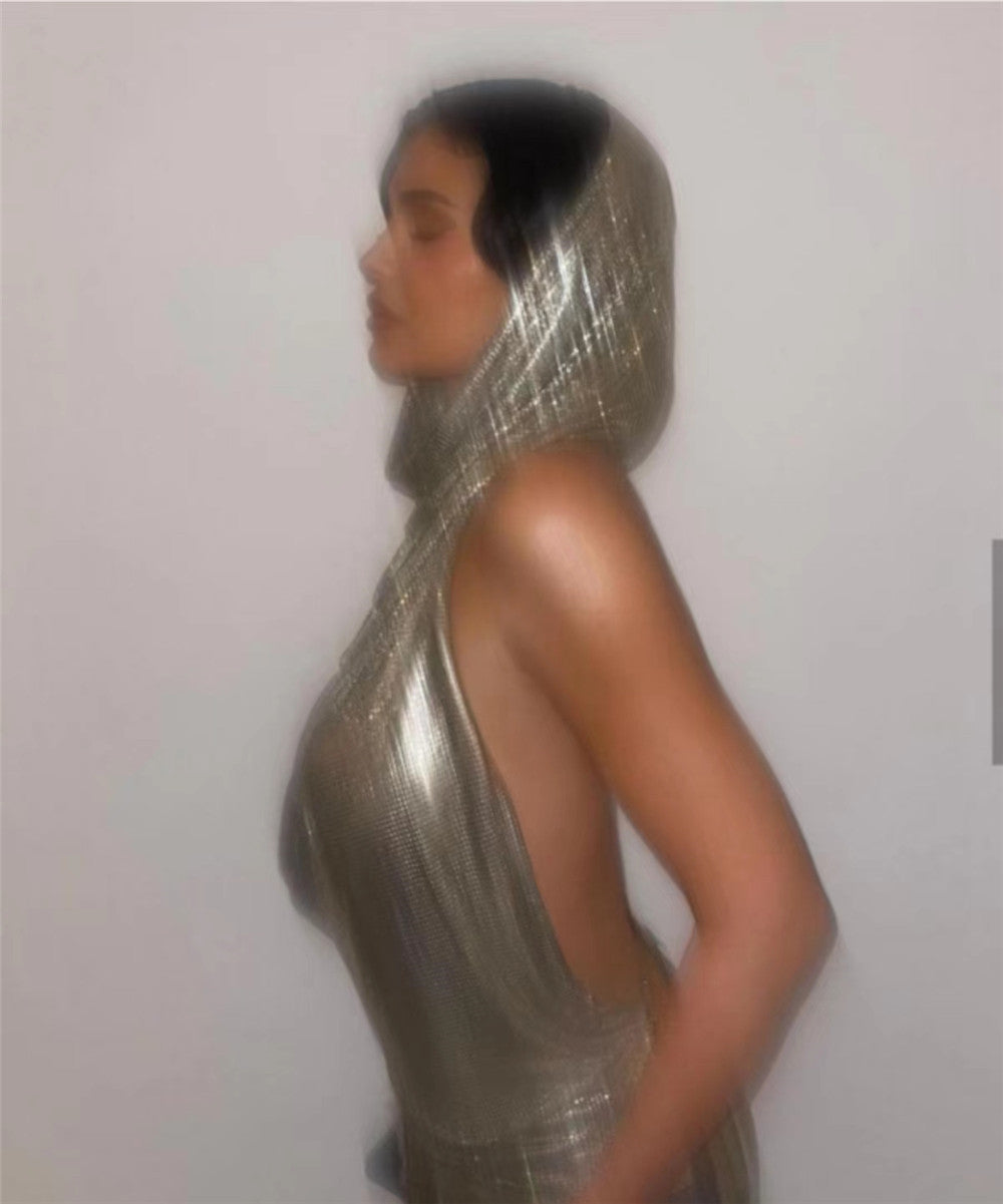Stunning Glitter Bungee Top: Sexy Nightclub Halter Vest with Head Cover for a Dazzling and Unique Look!
