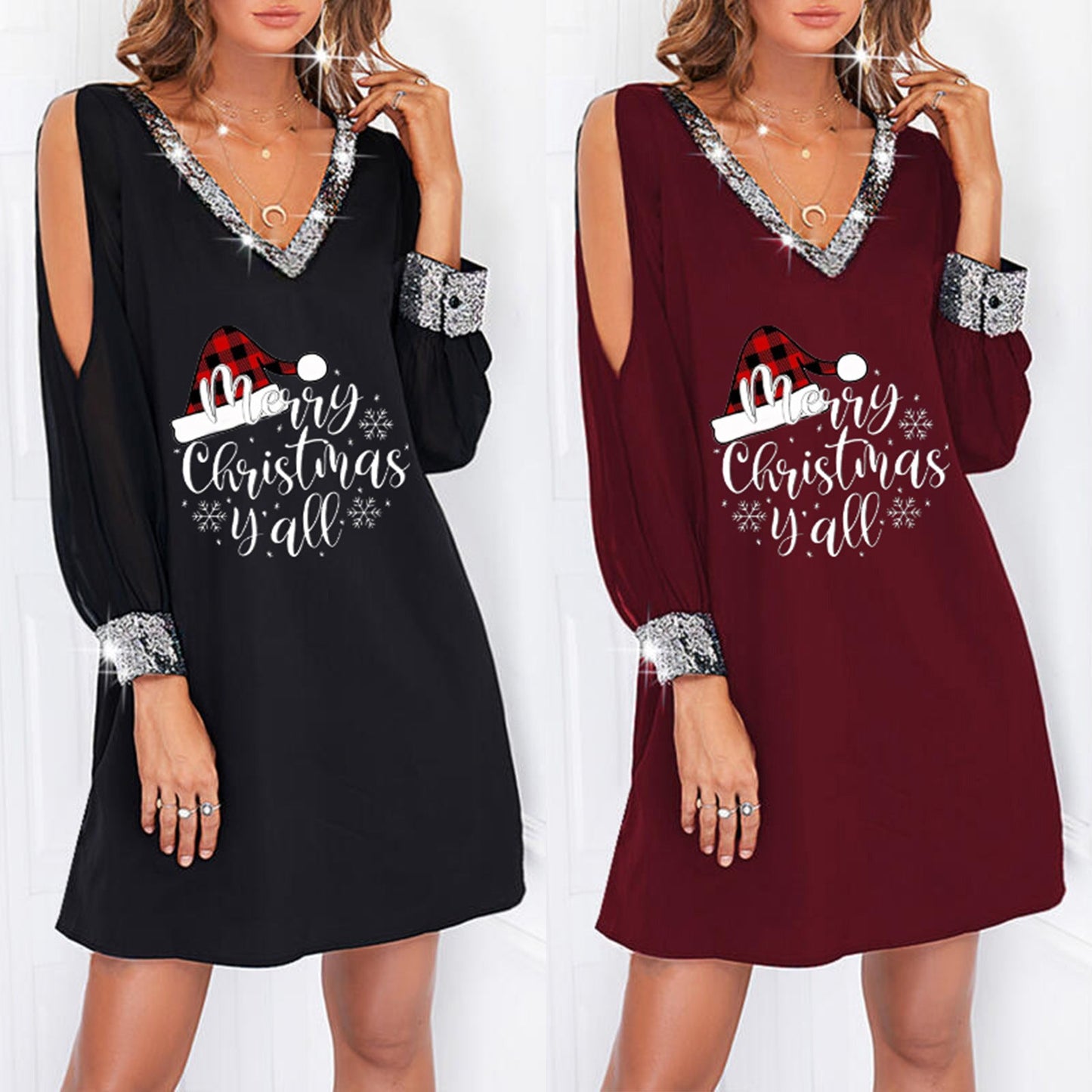 New Women's Christmas Print Sequin Splicing Deep V-Neck Cold Shoulder Sleeve Side Pocket Casual Dress