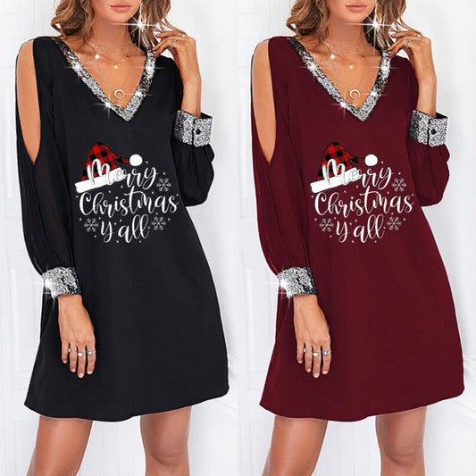 New Women's Christmas Print Sequin Splicing Deep V-Neck Cold Shoulder Sleeve Side Pocket Casual Dress