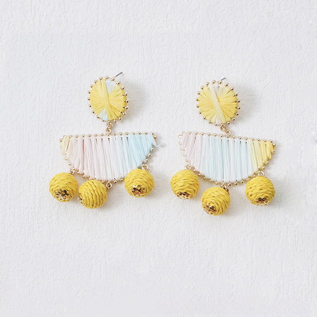 5 pairs Fan-Shaped Hand-Woven Raffia Grass Round Fringe Exaggerated Female Earrings