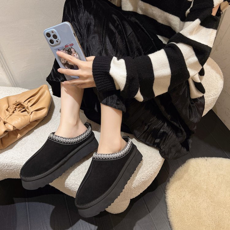 New lazy man a slip-on snow boots women's new winter fur one head slippers muffin thick sole woolen cotton shoes