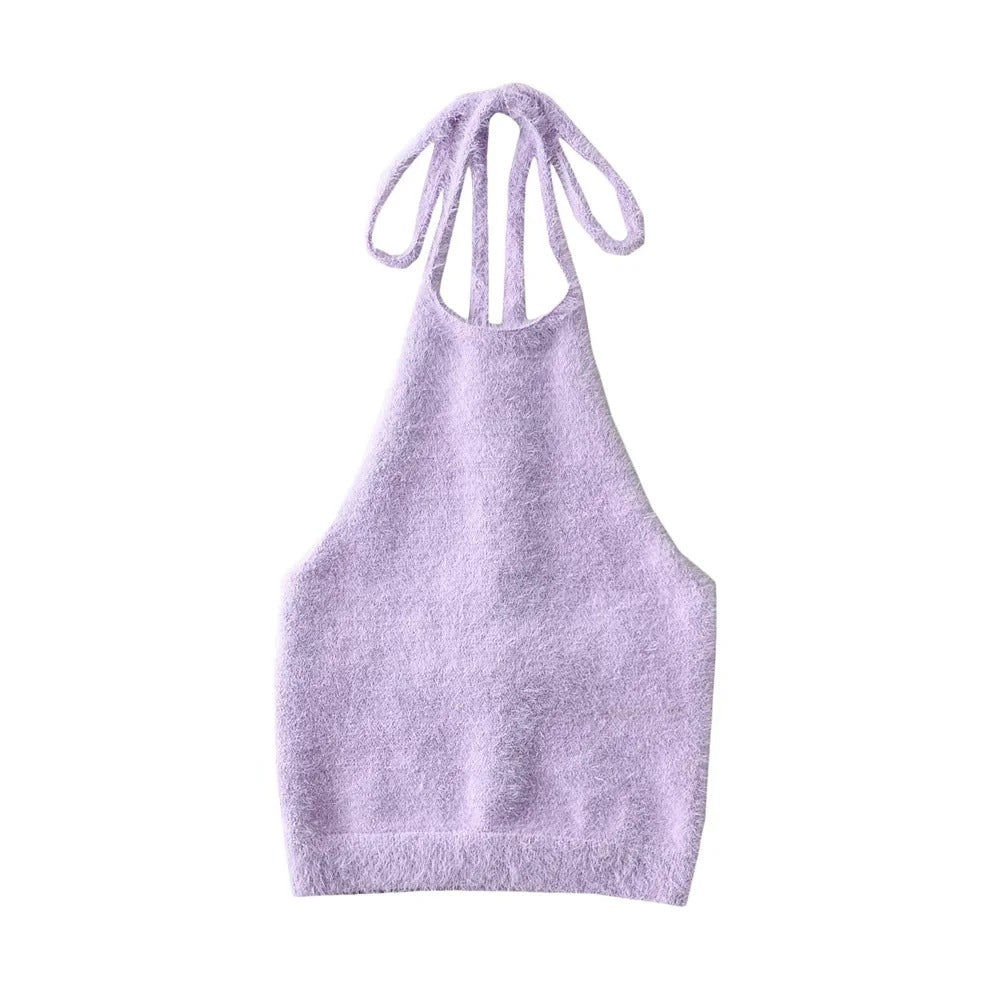 New Hottie Sexy Slim-Fit Halter With Strappy Fleece Tank Top With Halter Knit Halter Back