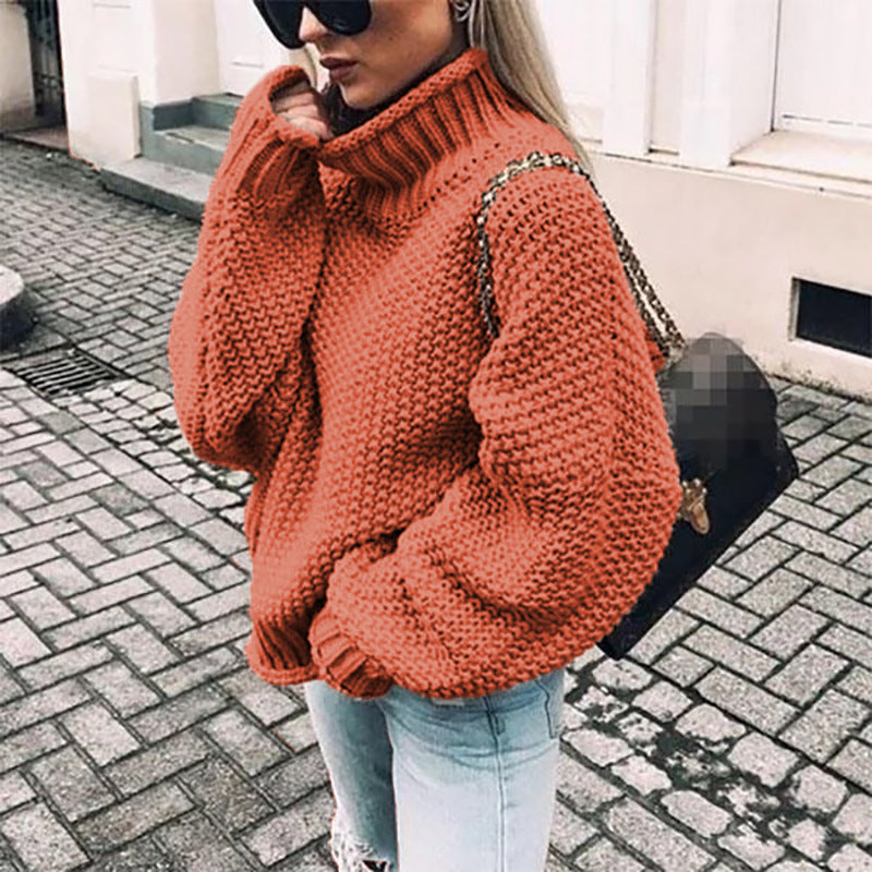 Autumn/Winter New Curled-Edge High-Neck Bat Sleeve Sweater for Women with Thick Line Detail