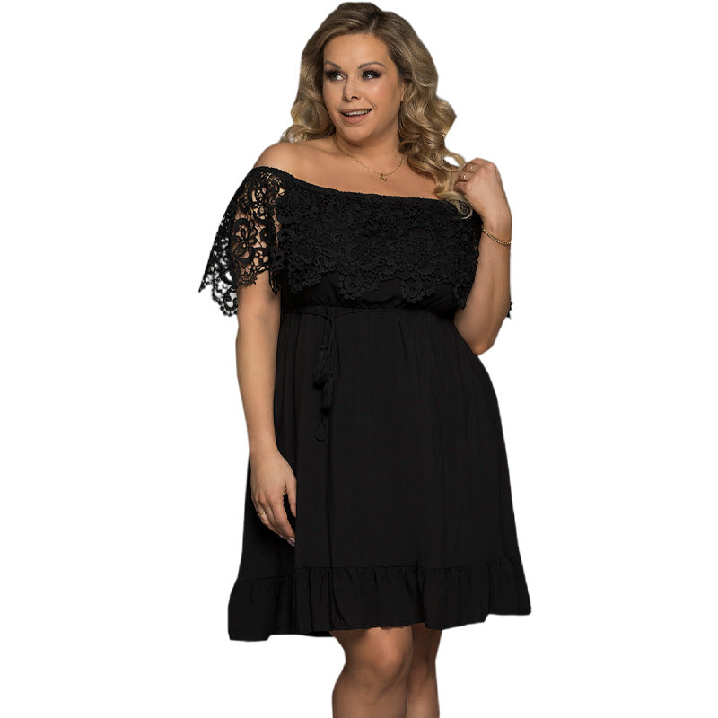 Summer New Lace Short Sleeve Large Size Dress Solid Color Line Collar Dress