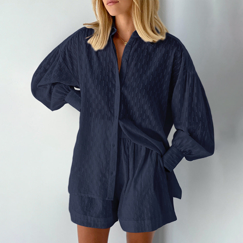 Summer Women's Shirt Jacquard Bubble Sleeve Temperament Top Shorts Commuter Design Sense Of Leisure Suit