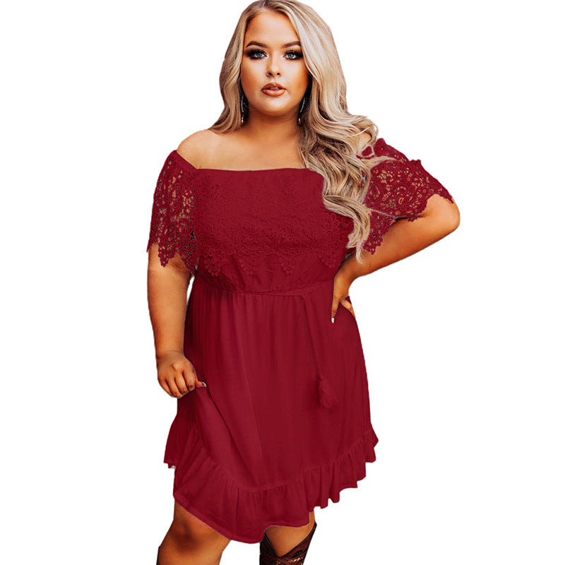 Summer New Lace Short Sleeve Large Size Dress Solid Color Line Collar Dress