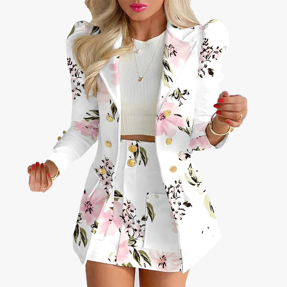 Women's Dress Autumn And Winter Fashion Temperament Printed Princess Sleeve Skirt Suit Professional Suit For Women