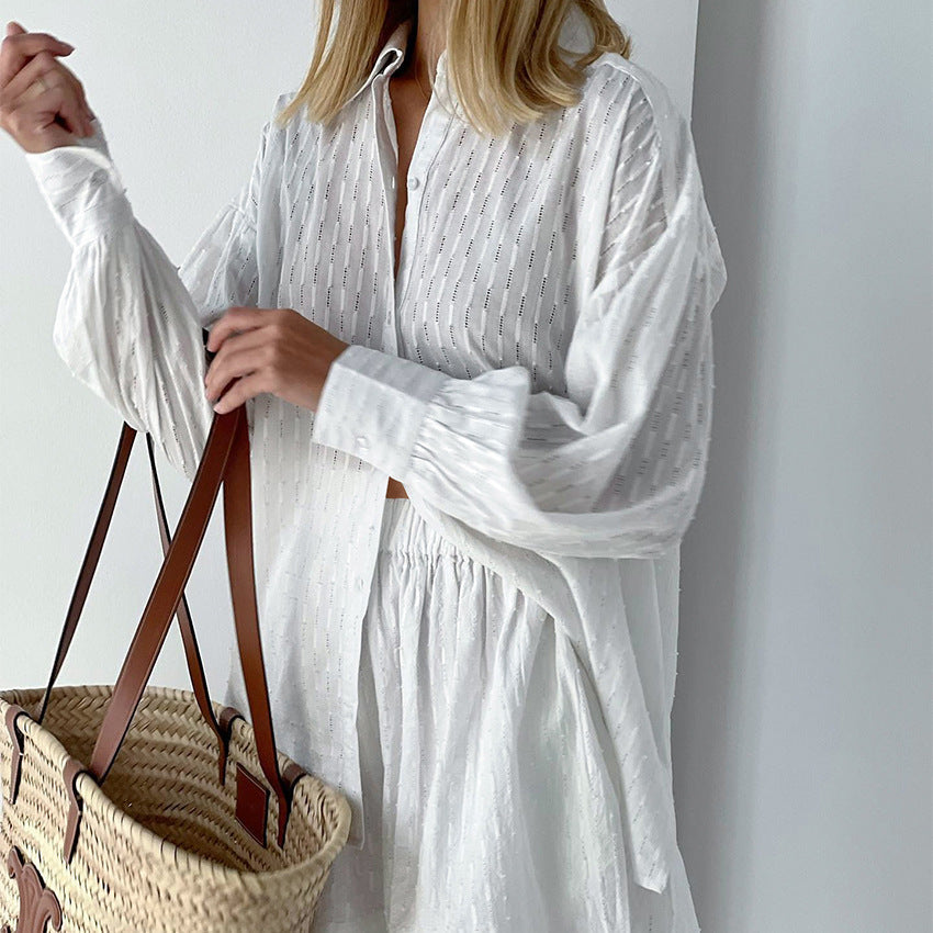 Summer Women's Shirt Jacquard Bubble Sleeve Temperament Top Shorts Commuter Design Sense Of Leisure Suit