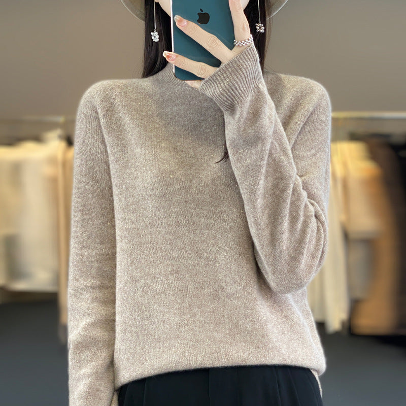 Half Turtleneck 100 Pure Woolen Sweater Ladies Loose Jacquard Base With Long Sleeve Winter Cashmere Sweater Heavy Thickening
