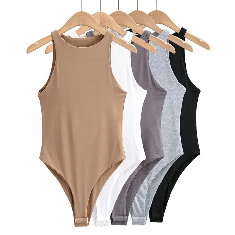 Summer Crew Neck Stretch Slim-Fit Sleeveless Bottom Jumpsuit Women's Skinny Double Layer One-Piece Vest