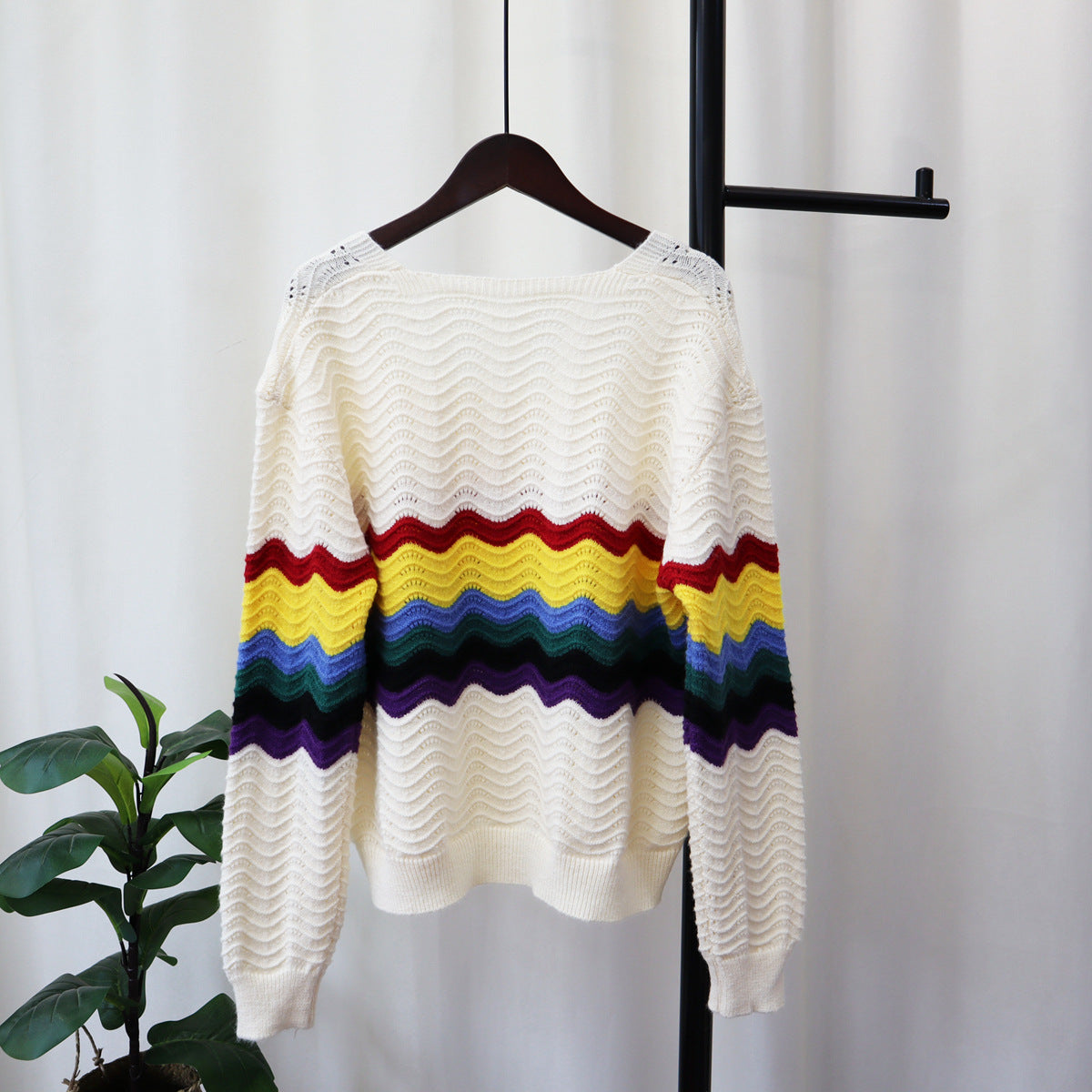 Rainbow Striped Square Collar Sweater